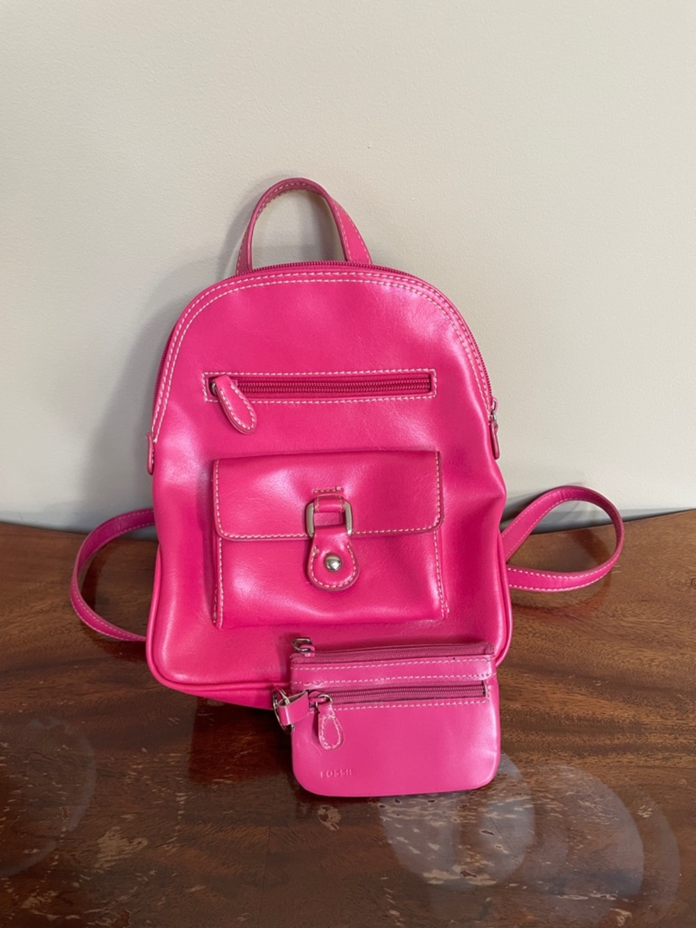 Fossil Hot Pink Leather Mini Backpack with Pouch